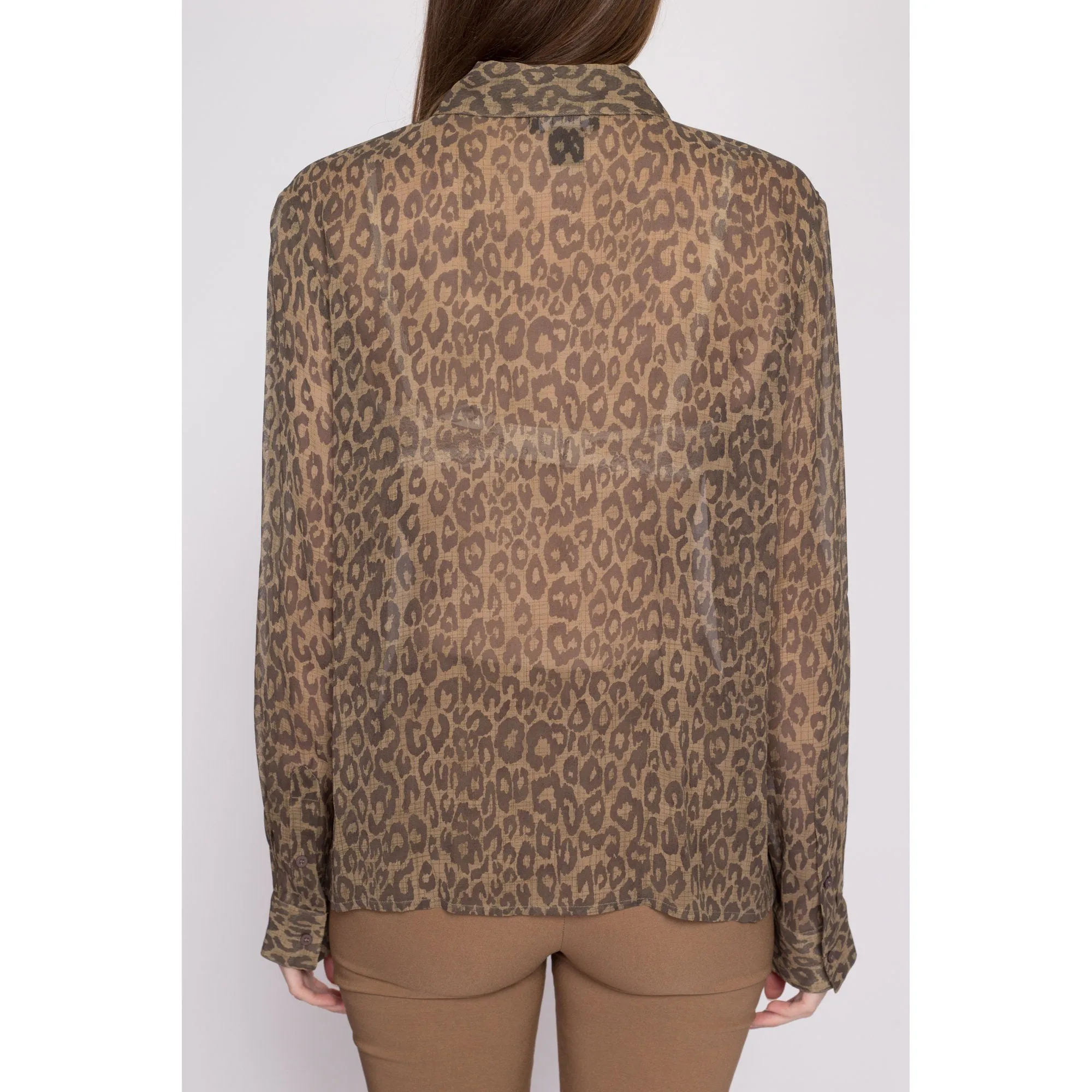 90s Silk Sheer Leopard Print Blouse - Extra Large