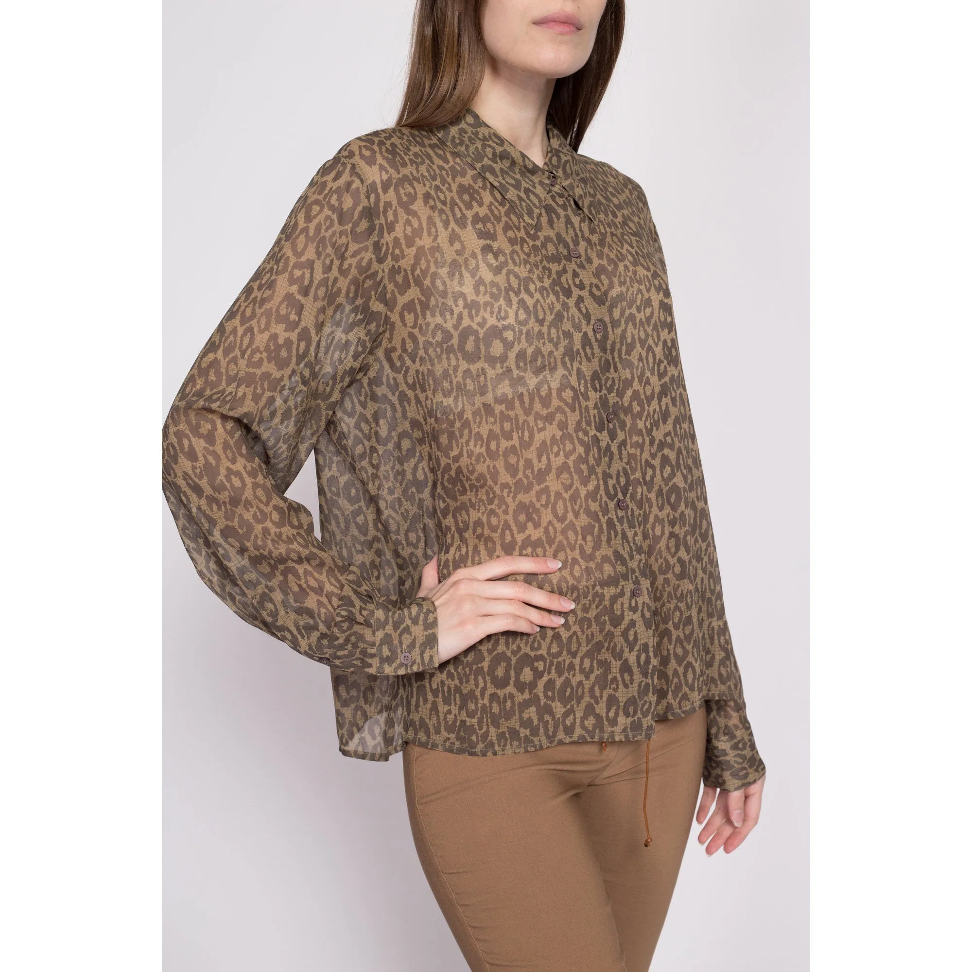 90s Silk Sheer Leopard Print Blouse - Extra Large