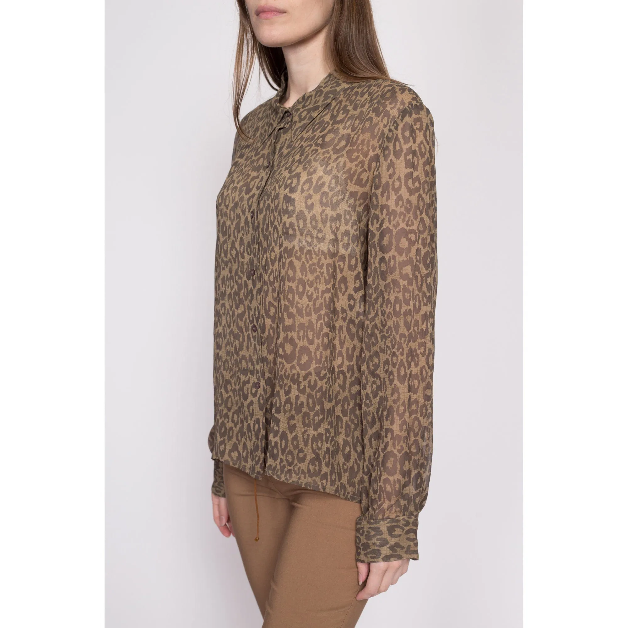 90s Silk Sheer Leopard Print Blouse - Extra Large