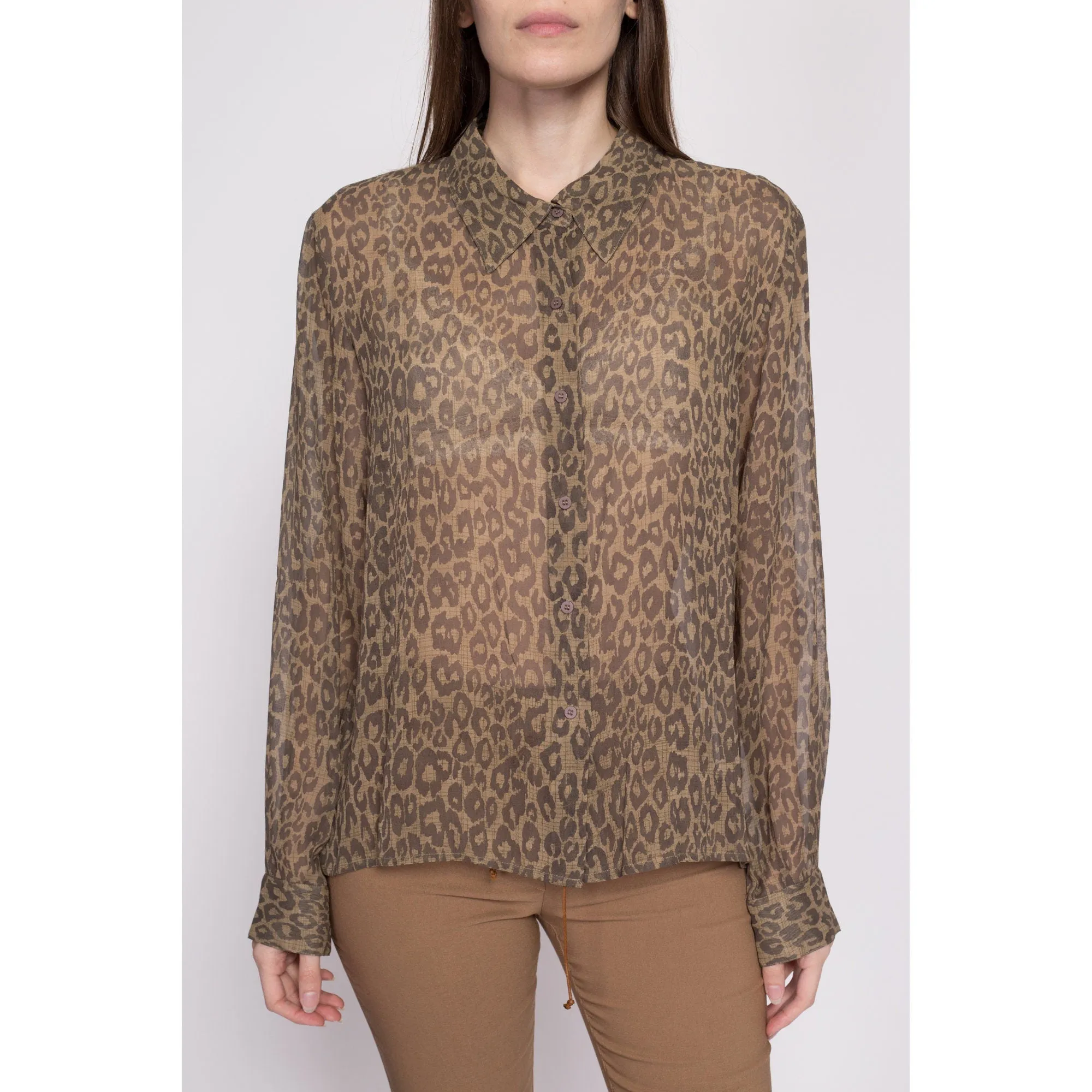 90s Silk Sheer Leopard Print Blouse - Extra Large