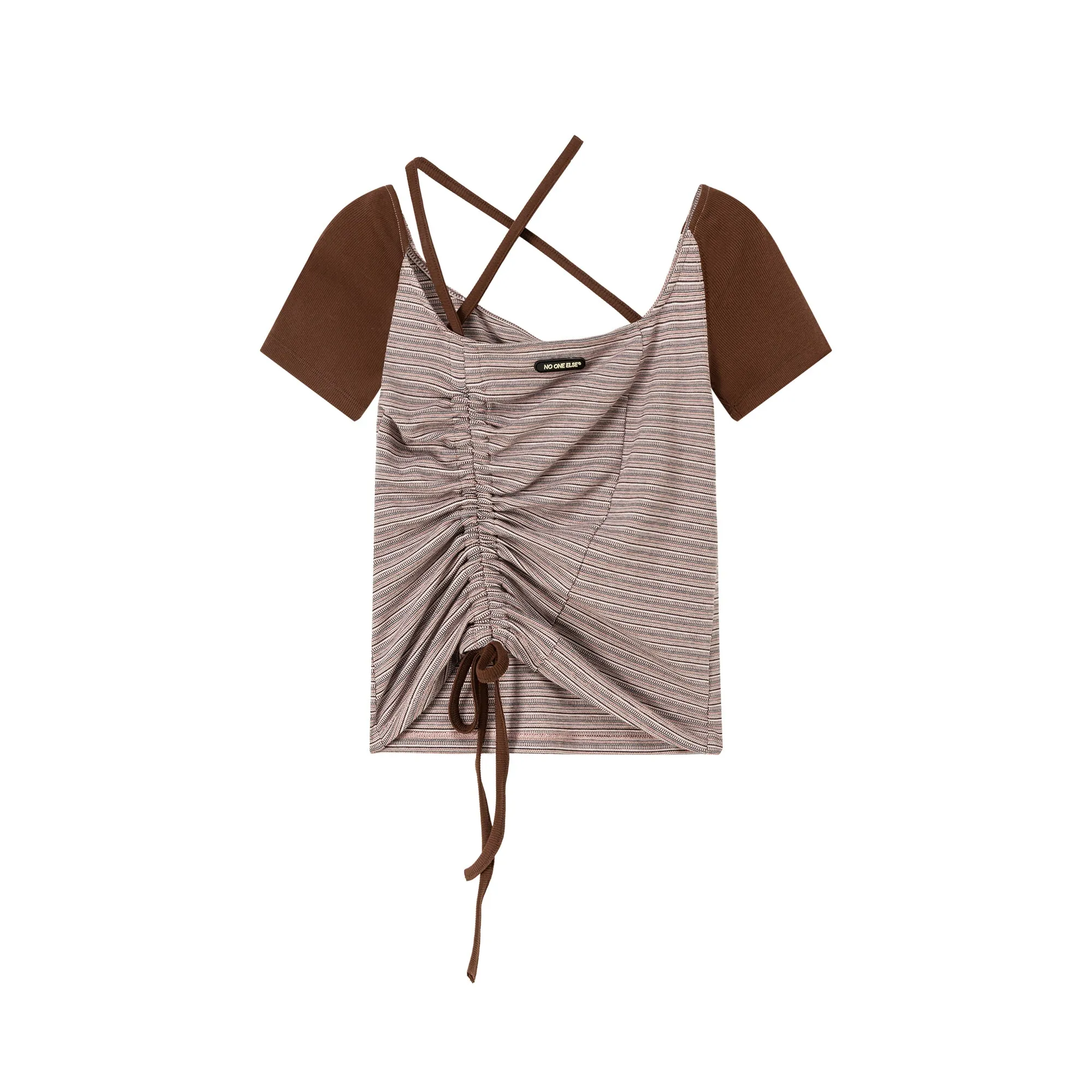 Asymmetrical Halter Neck String Striped Shirring T-Shirt