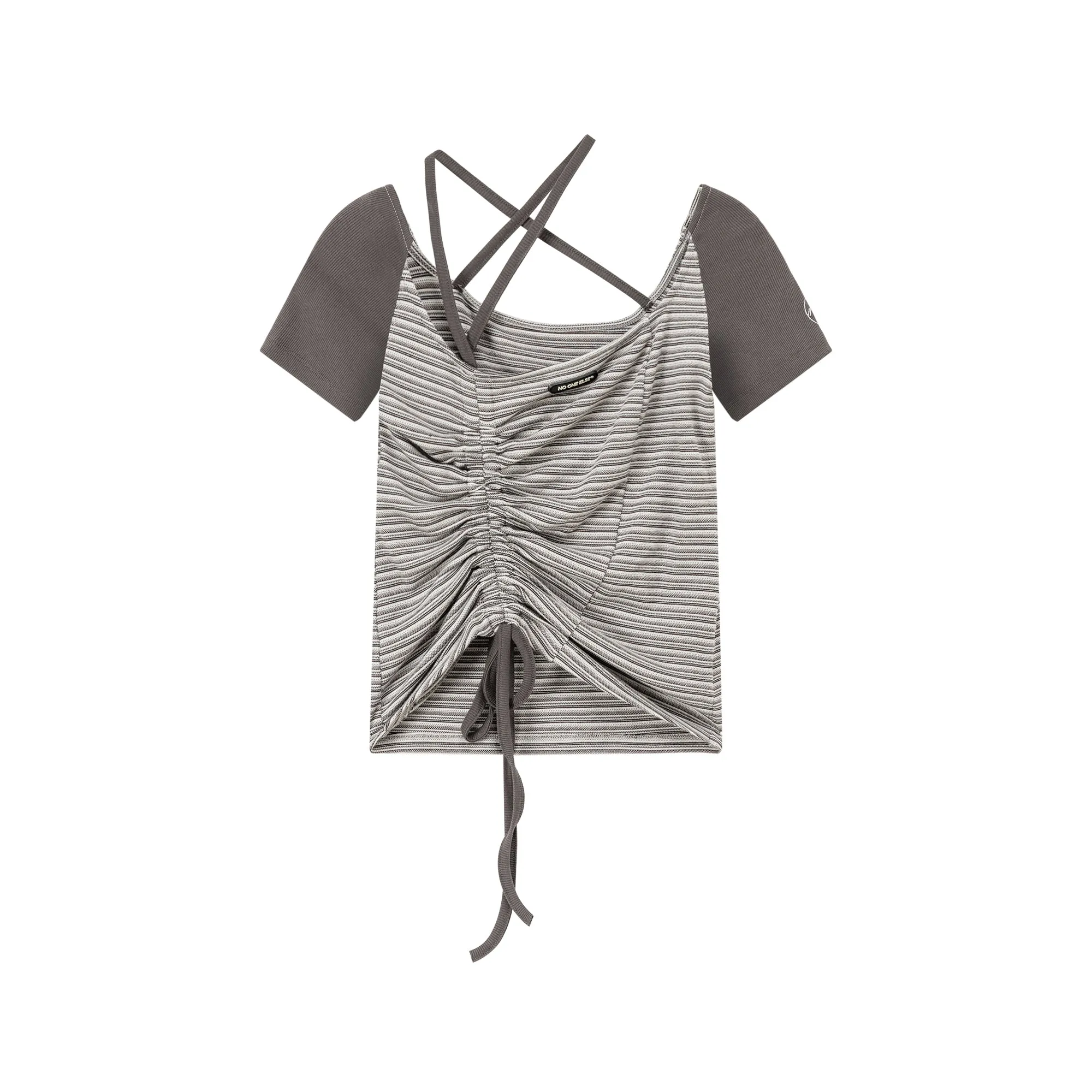 Asymmetrical Halter Neck String Striped Shirring T-Shirt