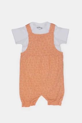 Baby Coral And White T-Shirt And Dungaree Set (2 Piece)