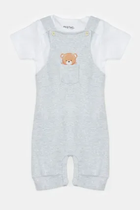 Baby Grey And White Printed T-Shirt And Dungaree Set (2 Piece)