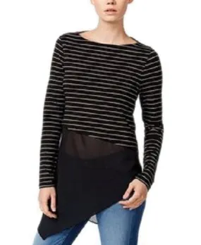 Bar III Women's Striped Asymmetrical Long Sleeve Top, Black Combo, S