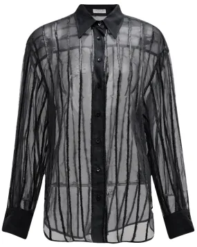 Black Sequin Stripe Chiffon Button Up Shirt