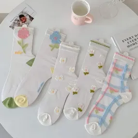 Cute Sheer Crew Socks | Mesh Socks With Flower Pattern | Cute Socks