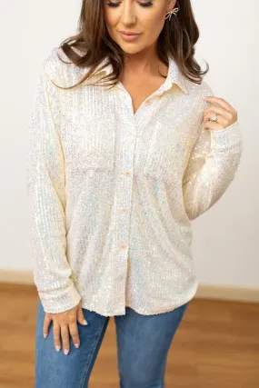 Kathryn Classic Button-Up, White Sequin