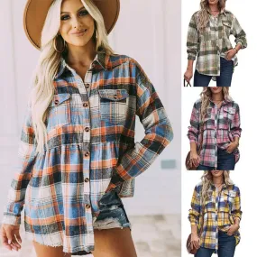 Ladies Lapel Collar Long Sleeve Pocket Plaid Button Up Blouse