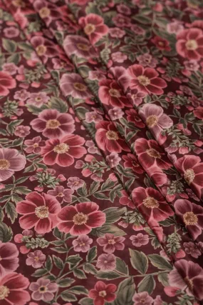 Maroon And Olive Floral Digital Print On Dark Brown Crepe Fabric