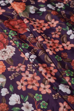 Multi Color Floral Pattern Digital Print On Purple Crepe Fabric