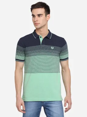 Navy Blue & Mint Green Striped Slim Fit Polo T-Shirt | Greenfibre