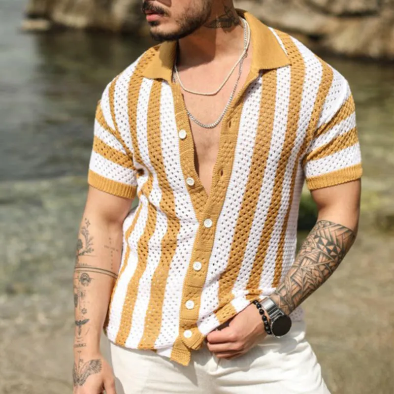 New Men's Casual Loose Striped Cardigan Polo Shirt Short Sleeve