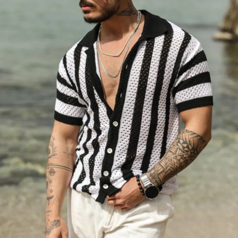 New Men's Casual Loose Striped Cardigan Polo Shirt Short Sleeve