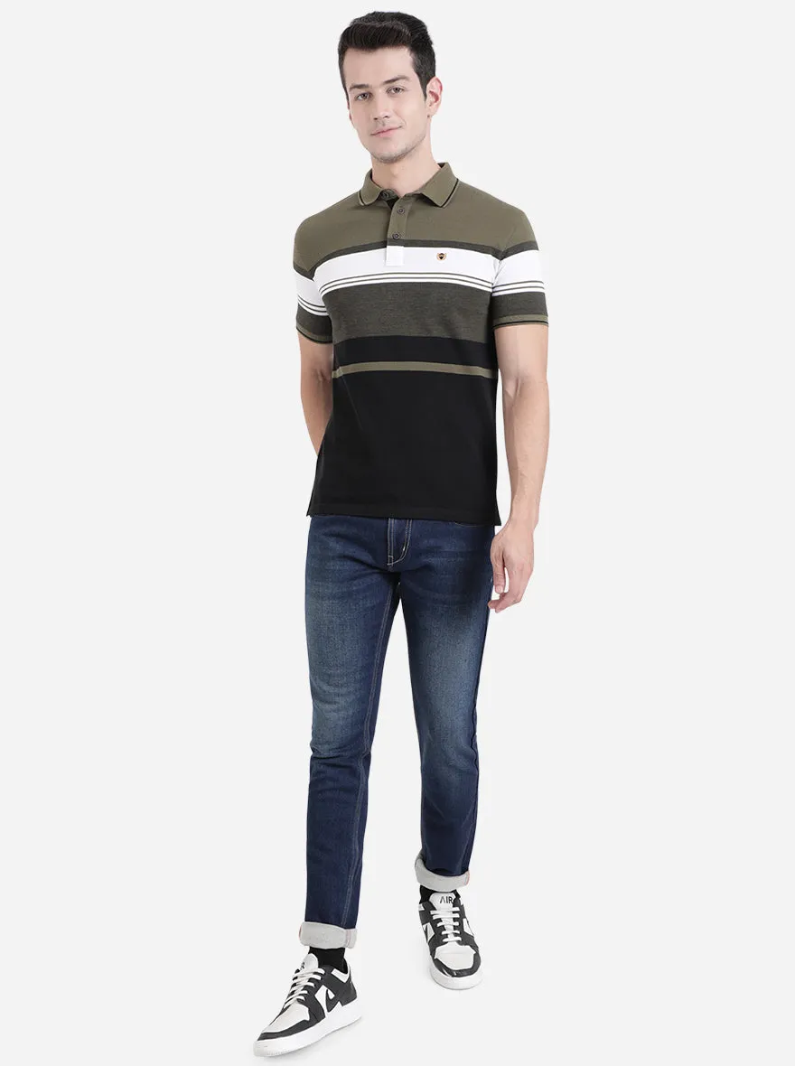 Olive Brown Striped Slim Fit Polo T-Shirt | JadeBlue