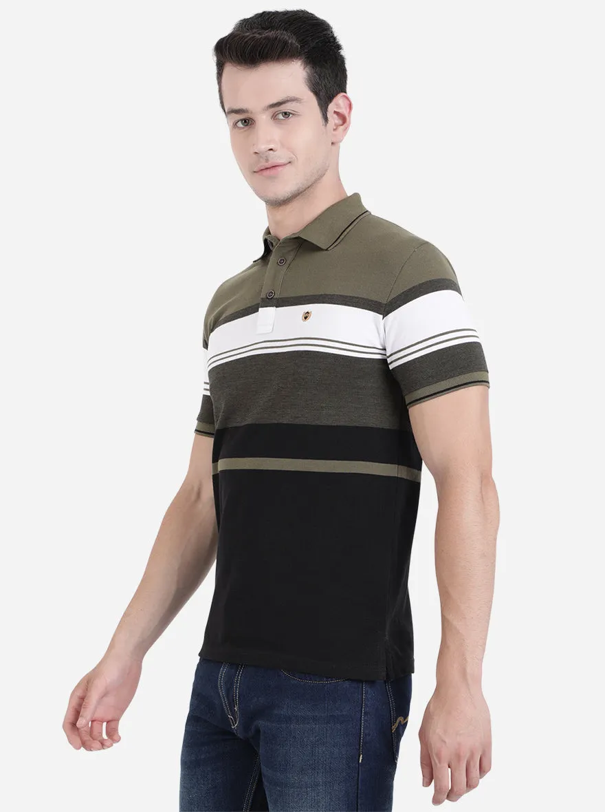 Olive Brown Striped Slim Fit Polo T-Shirt | JadeBlue