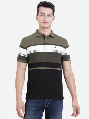 Olive Brown Striped Slim Fit Polo T-Shirt | JadeBlue