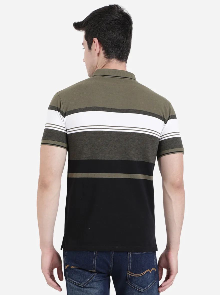 Olive Brown Striped Slim Fit Polo T-Shirt | JadeBlue