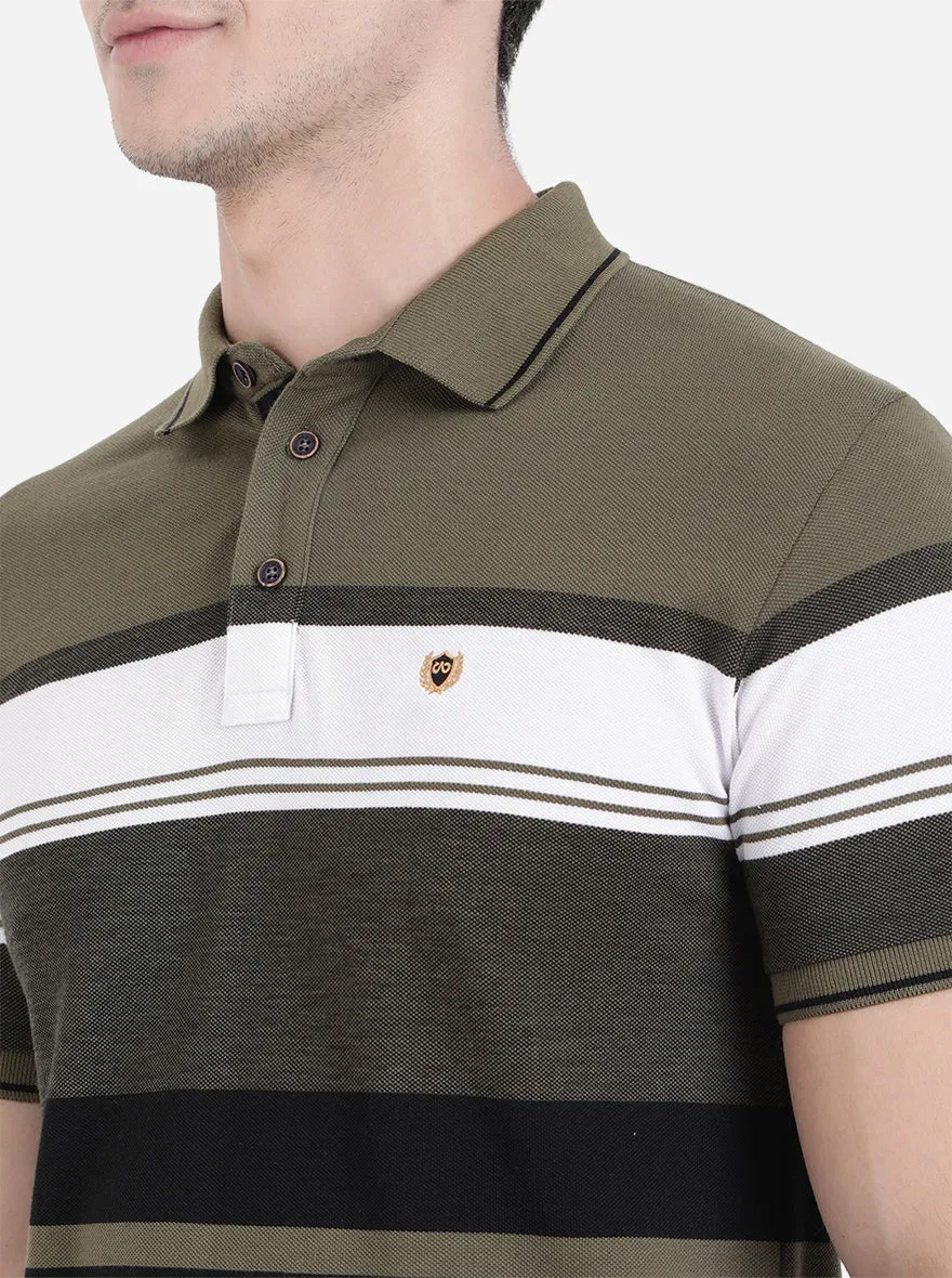 Olive Brown Striped Slim Fit Polo T-Shirt | JadeBlue