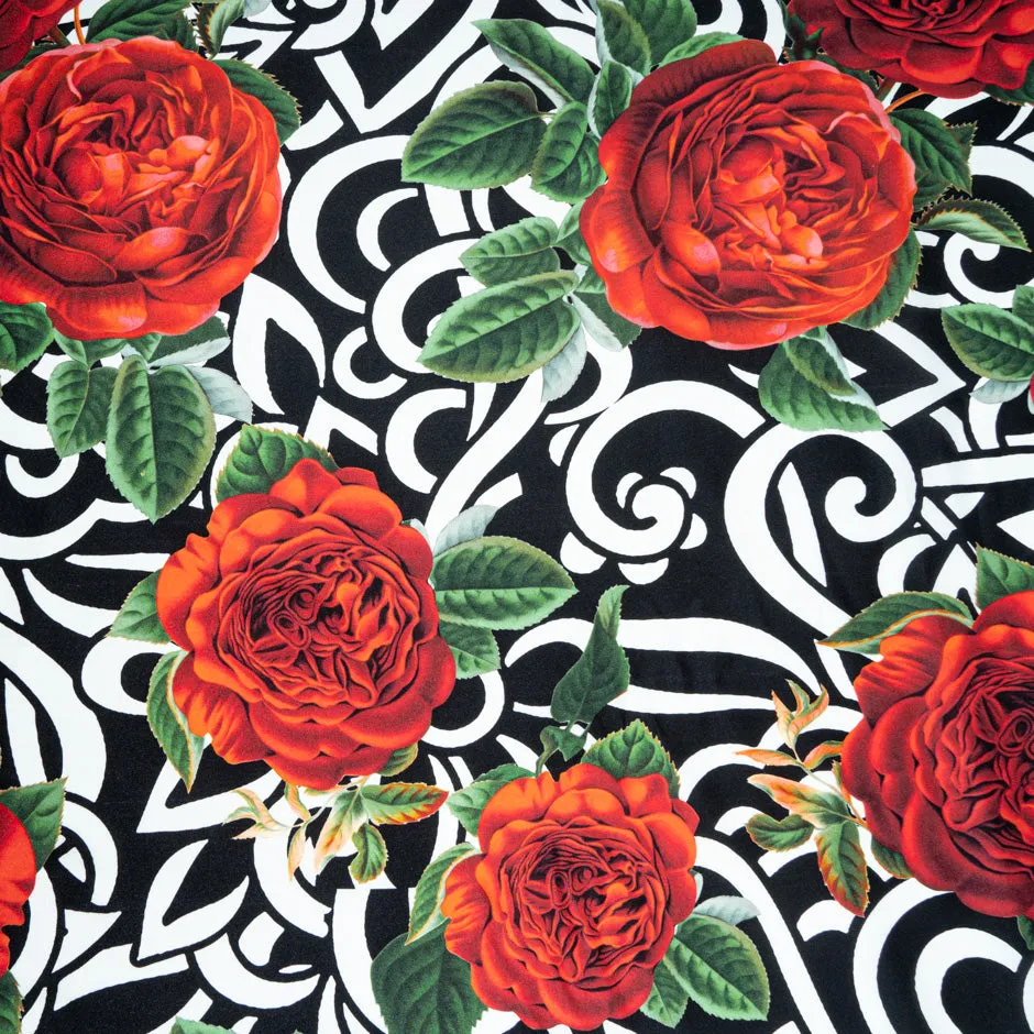 Red Floral Printed Black & White Patterned Silk Twill