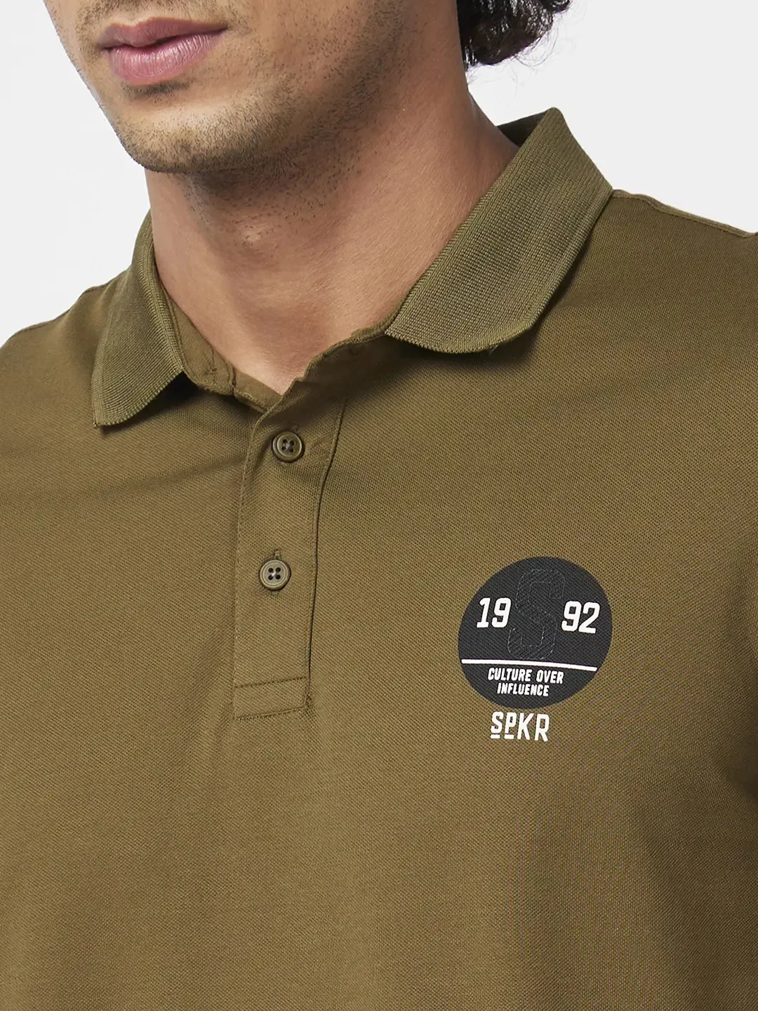 Spykar Men Military Green Blended Slim Fit Half Sleeve Polo Neck Plain Tshirt