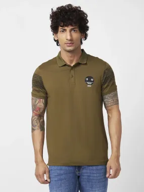 Spykar Men Military Green Blended Slim Fit Half Sleeve Polo Neck Plain Tshirt