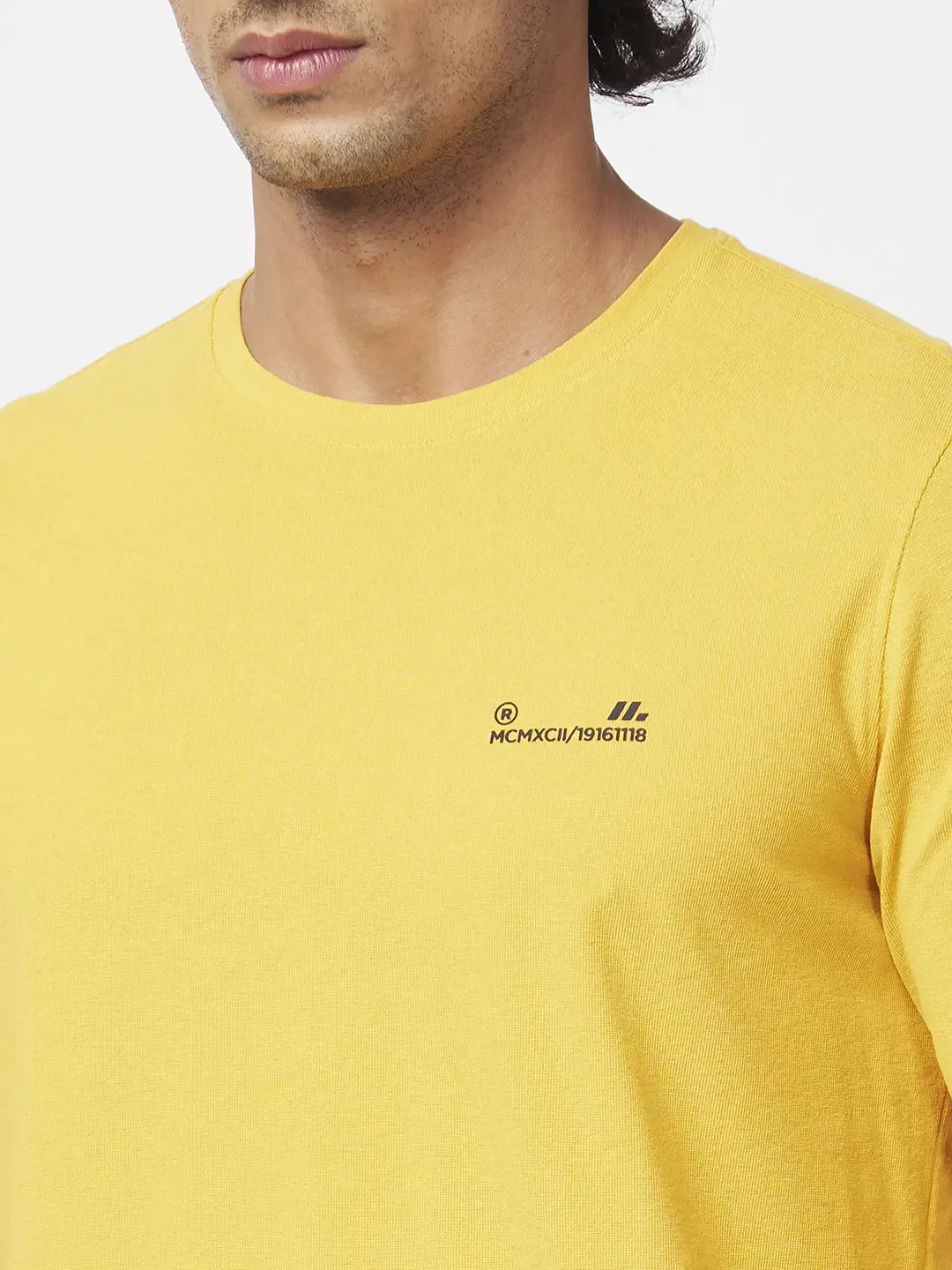 Spykar Men Mustard Yellow Blended Slim Fit Full Sleeve Round Neck Plain Tshirt