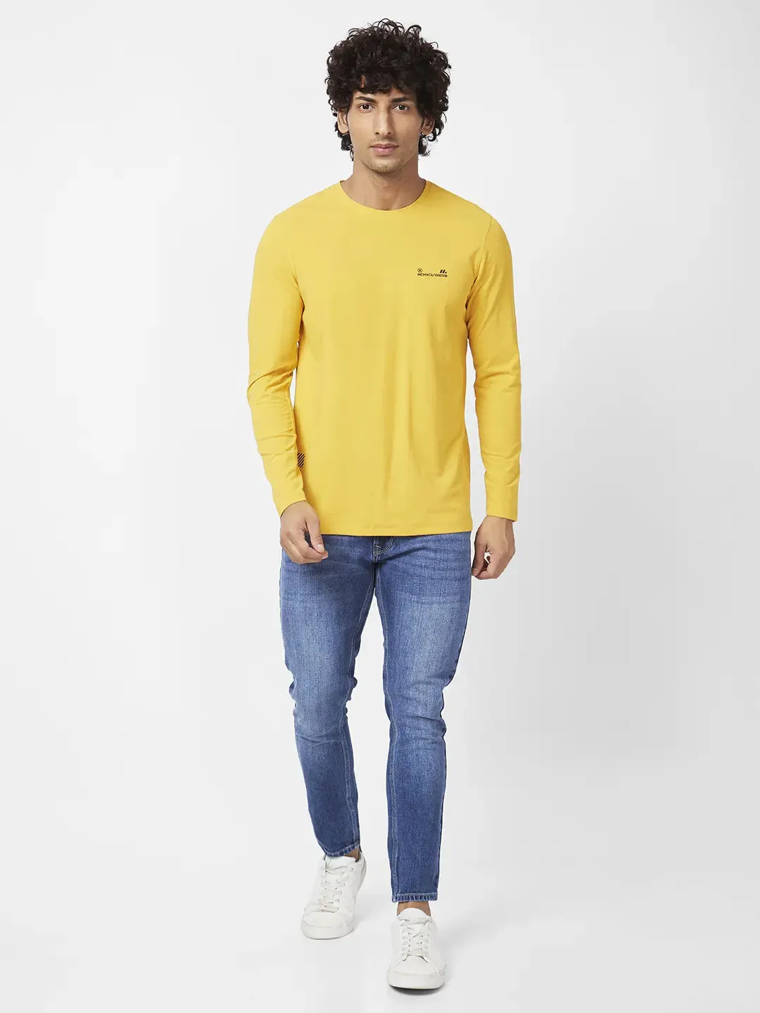 Spykar Men Mustard Yellow Blended Slim Fit Full Sleeve Round Neck Plain Tshirt