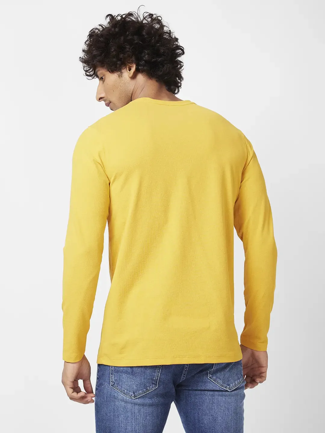 Spykar Men Mustard Yellow Blended Slim Fit Full Sleeve Round Neck Plain Tshirt