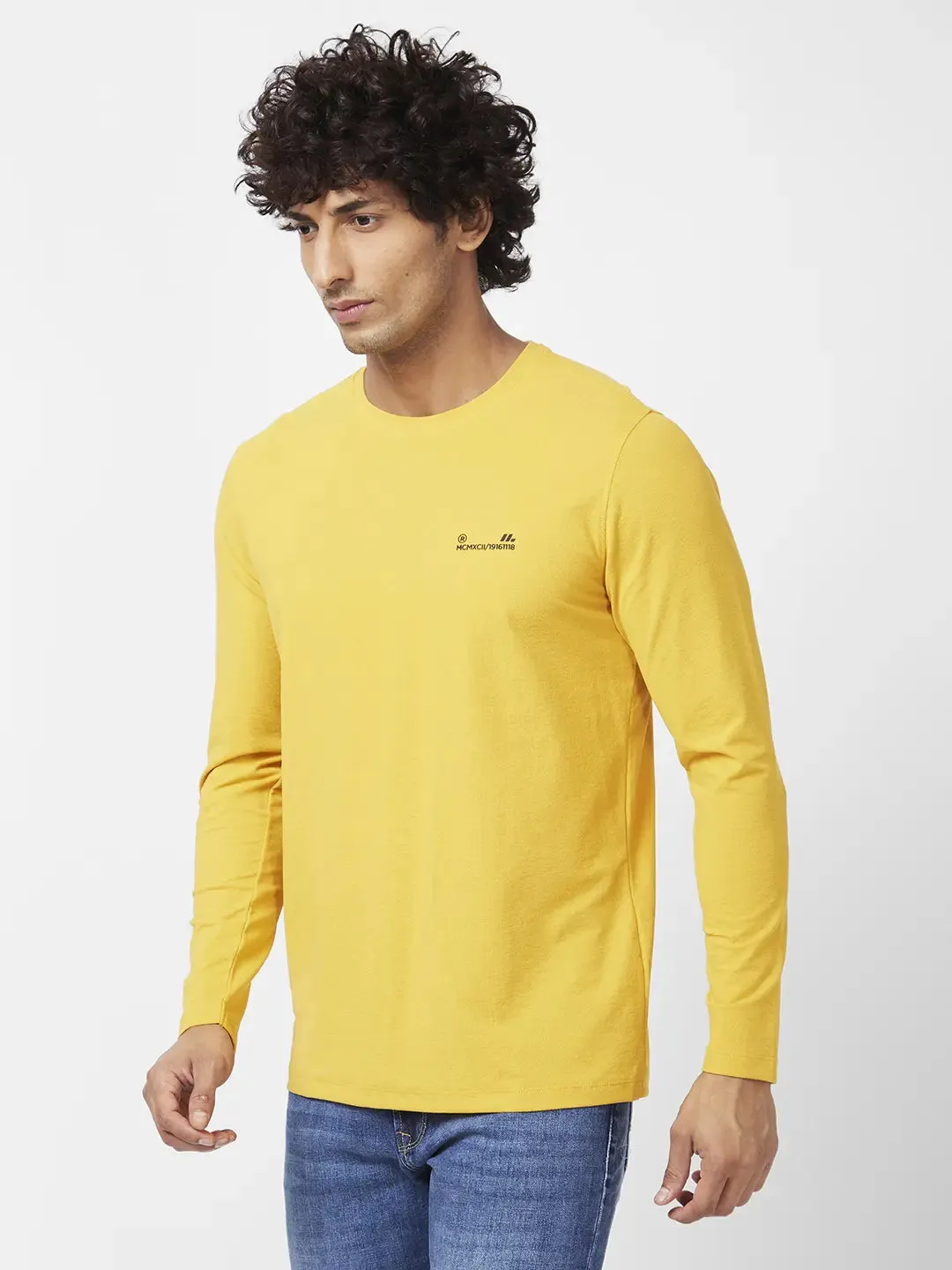 Spykar Men Mustard Yellow Blended Slim Fit Full Sleeve Round Neck Plain Tshirt