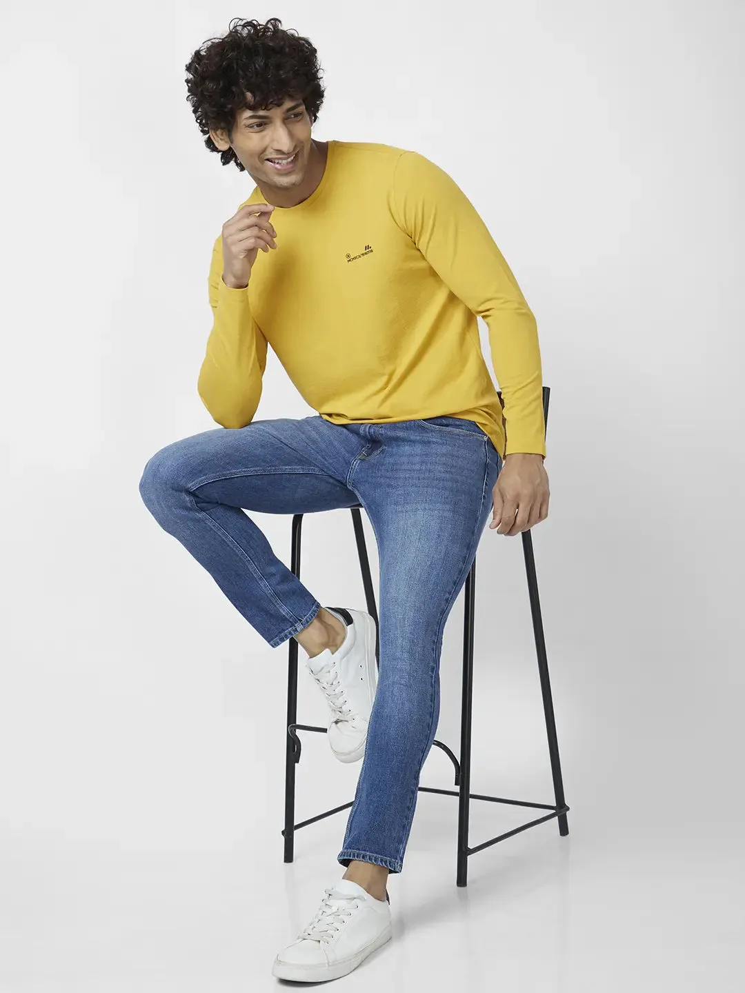 Spykar Men Mustard Yellow Blended Slim Fit Full Sleeve Round Neck Plain Tshirt