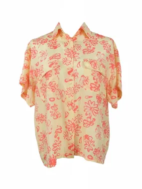 Vintage 80s Silk Bright Floral Yellow & Orange Short Sleeve Collared Button Up Hawaiian Shirt with Pockets